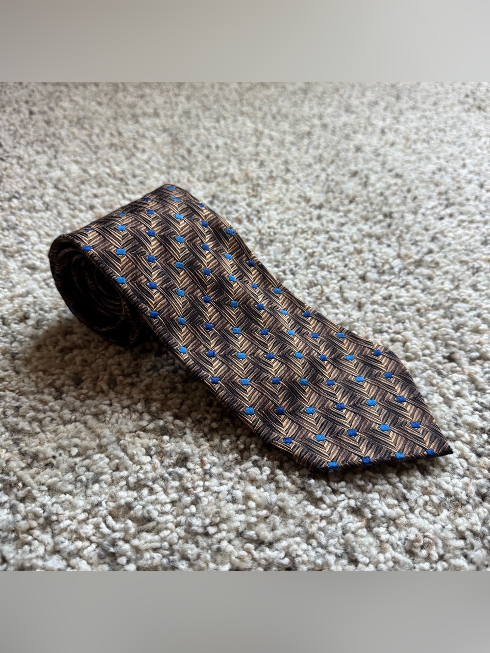 Ermenegildo Zegna Tie Mens 100% Silk Brown Blue Geometric Luxury Necktie Italy